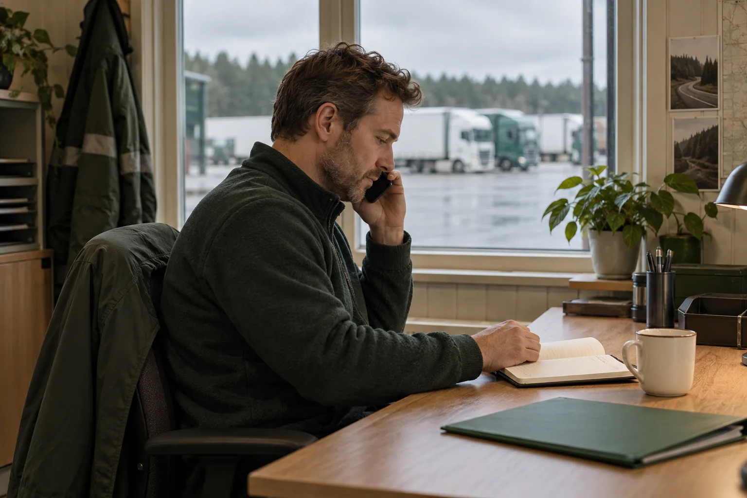 Företagare diskuterar frågor om yrkestrafiktillstånd vid telefon, illustrativt motiv