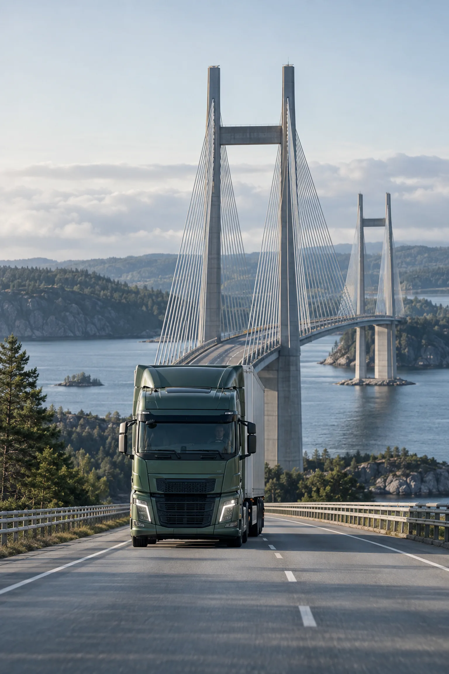 Lastbil på skandinavisk bro, motiv för internationella transporter