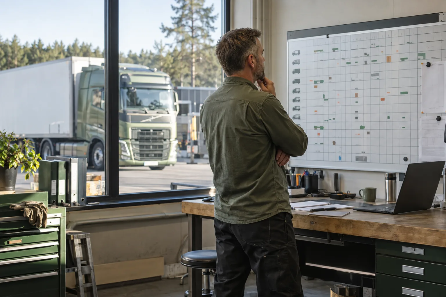 Illustrativt motiv med en trafikansvarig som granskar fordonsplaneringen på ett åkeri
