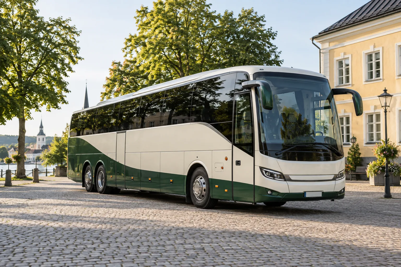 Buss på ett svenskt torg, motiv för trafiktillstånd för buss